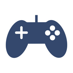 A dark blue gamepadconsole controller with white  and O markings cable attached