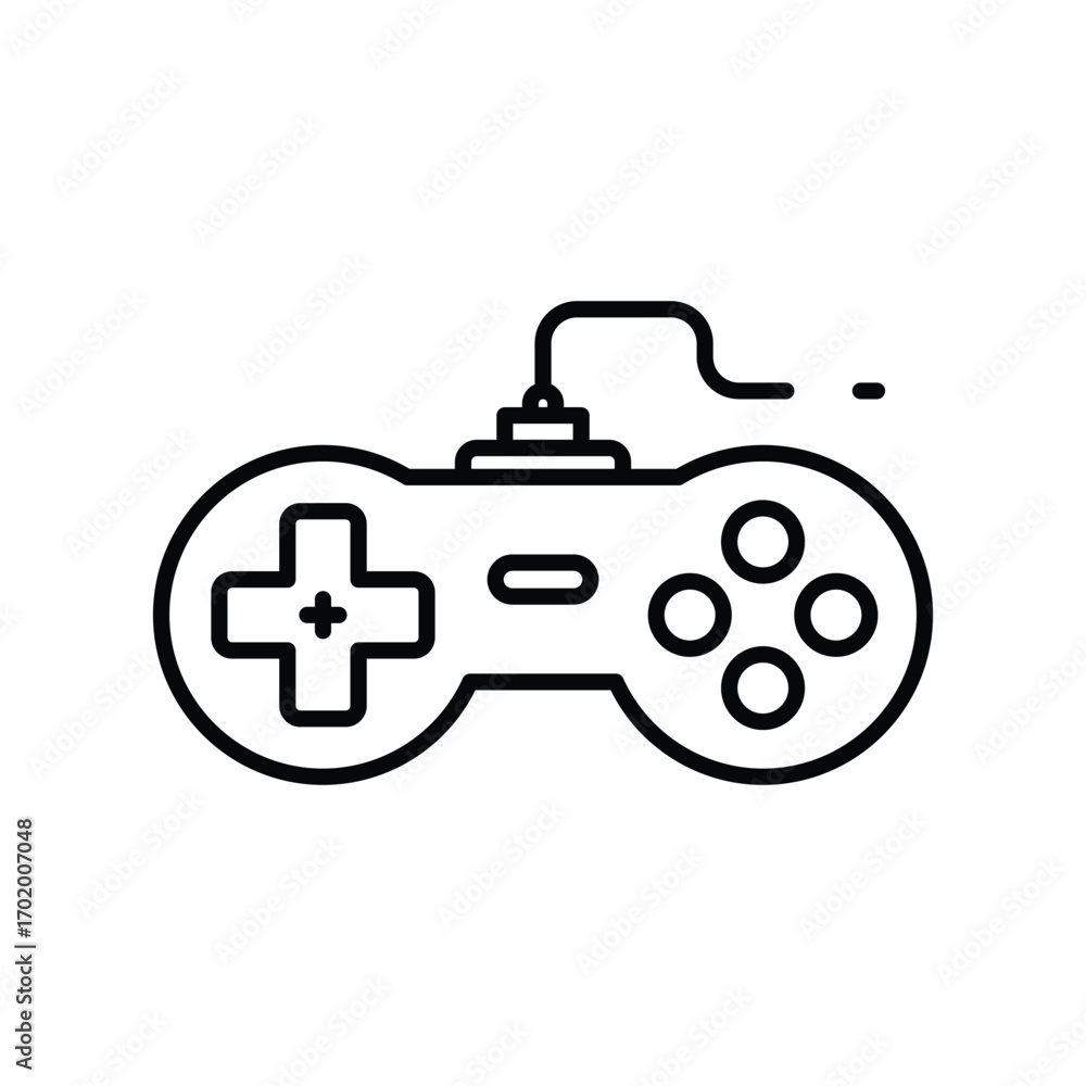 Poster a line drawing of a classic video game controller with directional pad four buttons and a cord. edit
