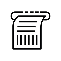 A minimalist icon depicting a paper receipt issuing from a dispenser with horizontal lines and barcode design. Editable stroke icon