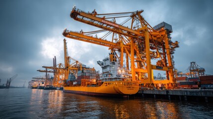 Obraz premium Container Ship Loading with Cranes at Port, Reflecting on Water, Ready for Global Commerce