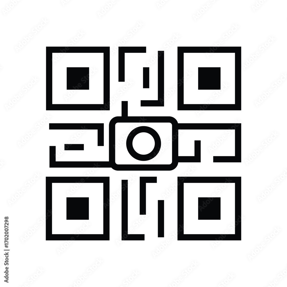 Poster a qr code with a stylized camera. editable stroke icon