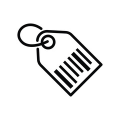 A price tag with barcode stripes hangs with a loop from its top. Editable stroke icon