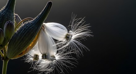 Milkweed seeds floating on dark background, representing hope