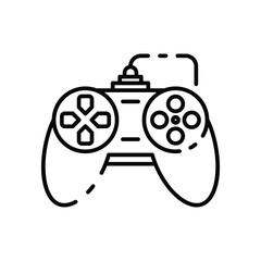 A stylized black and white illustration of a video game controller with visible buttons and a wired connection. Editable stroke icon