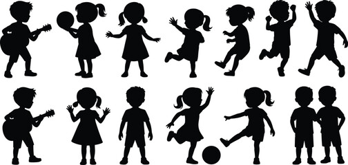 Silhouette of Happy Kids Playing and Dancing, Children with Guitar, Ball, and Active Movements, Fun Outdoor Activities, Joyful Childhood