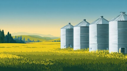 Pixelated Rural Landscape With Silos And Yellow Field