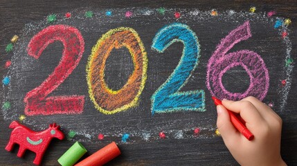 Colorful “2026” chalk lettering on a blackboard, with a child’s hand holding a red chalk and festive decorative details around the numbers.