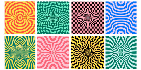 Collection of eight psychedelic optical illusion patterns with vibrant colors and geometric shapes