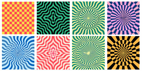 Collection of eight vibrant psychedelic op art patterns with optical illusions and geometric designs