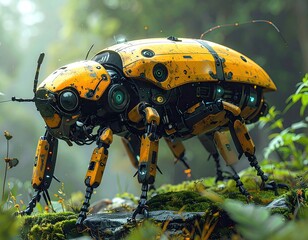 Yellow Robotic Insect in Lush Green Forest