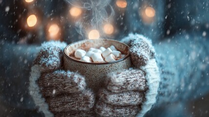 Hands in knitted wool mittens holding a mug of hot chocolate with marshmallows and steam rising in falling snow with blurred bokeh lights background.