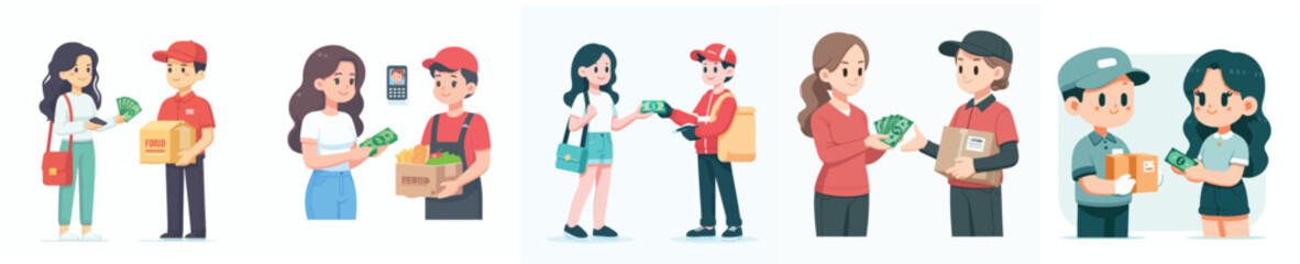 vector customer pays money to the parcel courier