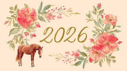 golden &ldquo;2026&rdquo; lettering on a light background, surrounded by watercolor flowers, featuring a horse at the bottom of the composition. Greeting card