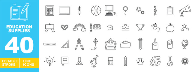 Education Supplies line icon set. Book, calculator, board, pen, basketball, computer, magnifier, gears, DNA, clipboard, telescope, easel, heart, rainbow, markers, cap. Editable stroke icons collection