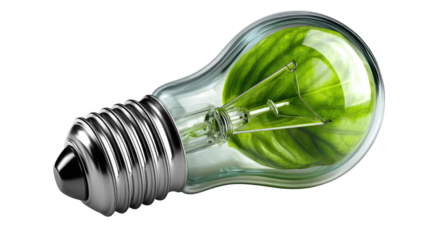 Eco-Friendly Innovation: A light bulb, embodying the concept of sustainable energy, reveals a vibrant green plant. Representing ideas about green energy and ecology.