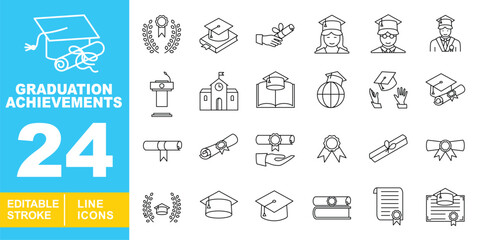 Graduation Achievements line icon set. Wreath, cap, book, hand, graduate, student, podium, school, globe, gloves, scroll, diploma, ribbon, document, certificate. Editable stroke icons collection.