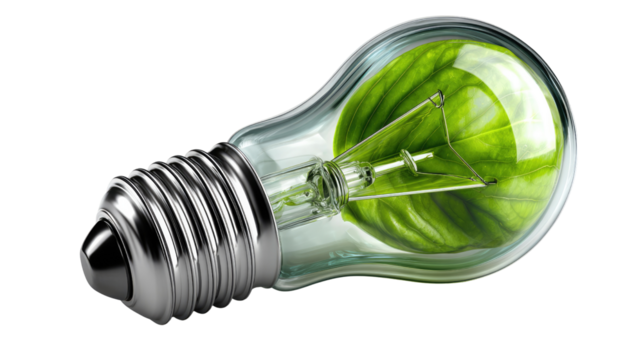 Eco-Friendly Innovation: A light bulb, embodying the concept of sustainable energy, reveals a vibrant green plant. Representing ideas about green energy and ecology.