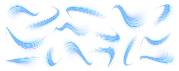 Fototapeta premium Abstract waveforms of blue and violet light spiral into motion, creating a luminous tunnel effect. The high-speed glow mimics data streaming flow. PNG