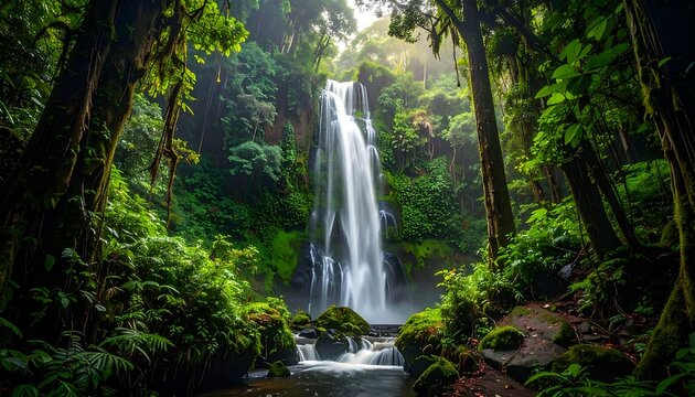 Lush waterfall cascading down a verdant, mossy cliff face, surrounded by dense tropical foliage. - Powered by Adobe