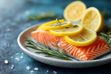 An inviting plate of baked salmon garnished with lemon slices and herbs, evoking freshness and culinary joy.