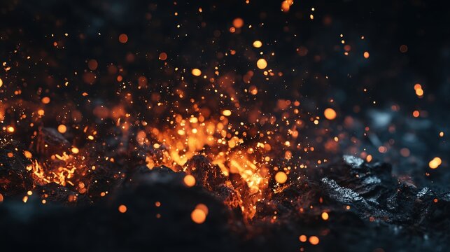 Fiery glowing embers floating with cinematic bokeh effect on dark black background, realistic sparks in sharp focus with dramatic atmosphere and glowing red particles.