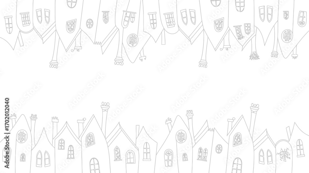 Poster a whimsical line drawing of two rows of houses facing each other with blank space in the middle
