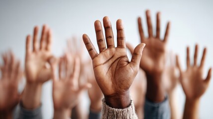 Diverse Group of Hands Raised High, Seeking Attention, Offering Support, or Participating Actively