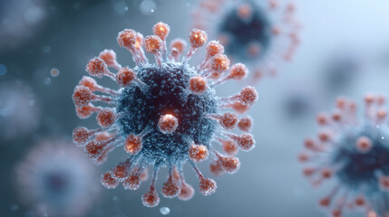 Detailed close-up of virus structure showing infectious pathogen in microscopic view, highlighting COVID-19, bacteria, contagious disease, and health safety aspects