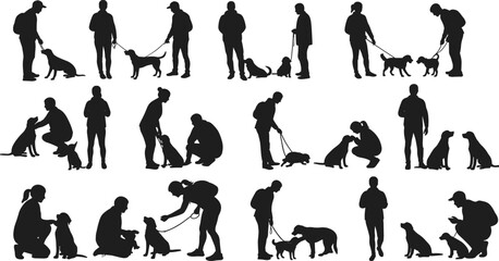 Silhouette Vector Set of People Training and Walking Dogs, Pet Care and Obedience Scenes, Isolated on White Background