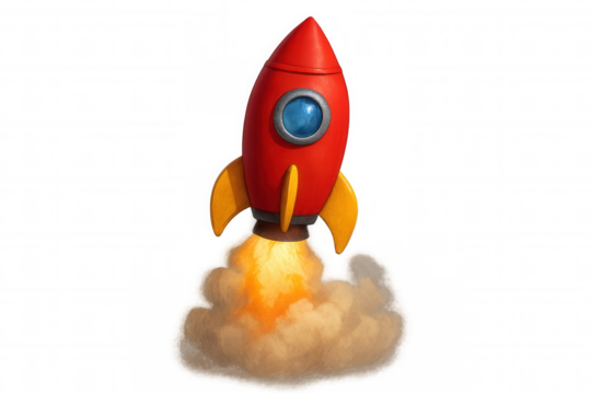 Cartoon red rocket blasting skyward, emitting fiery exhaust trail against transparent backdrop, symbolizing space exploration