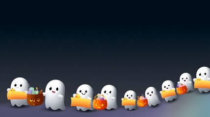 Naklejka premium Cute cartoon ghosts parade with pumpkins and banners for child-friendly Halloween poster