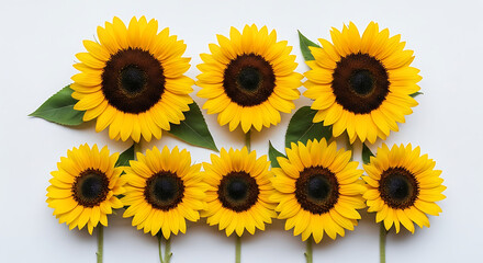 Seven vibrant sunflowers with yellow petals and dark centers, arranged in two rows with green leaves, displayed against a white background.