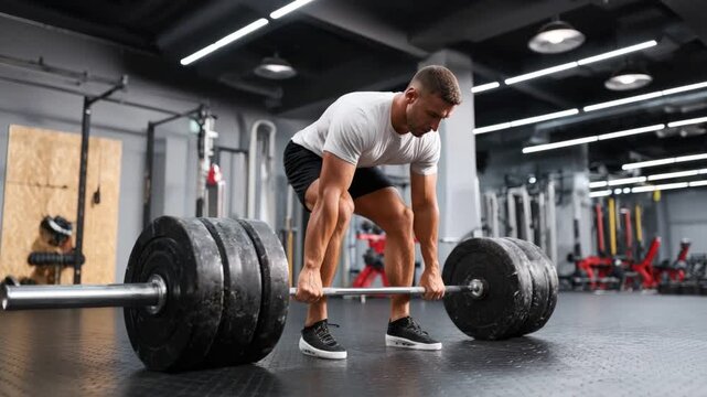 A dedicated athlete performs a deadlift with heavy weights, showcasing strength and determination in a well-equipped gym environment. Ideal for fitness and sports-themed content.