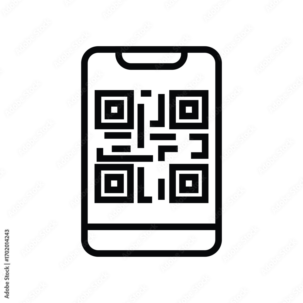 Poster black line art shows a phone displaying a qr code. editable stroke icon