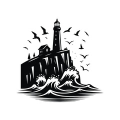 lighthouse on a rocky cliff with waves crashing seagulls flying above vector silhouette clip art logo design illustration