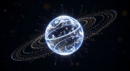 Abstract glowing orb with orbiting rings of data.