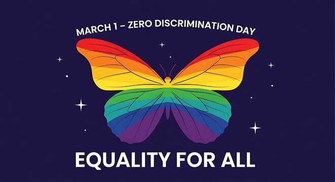 Zero discrimination day march first with rainbow butterfly and equality for all on dark blue background - Powered by Adobe