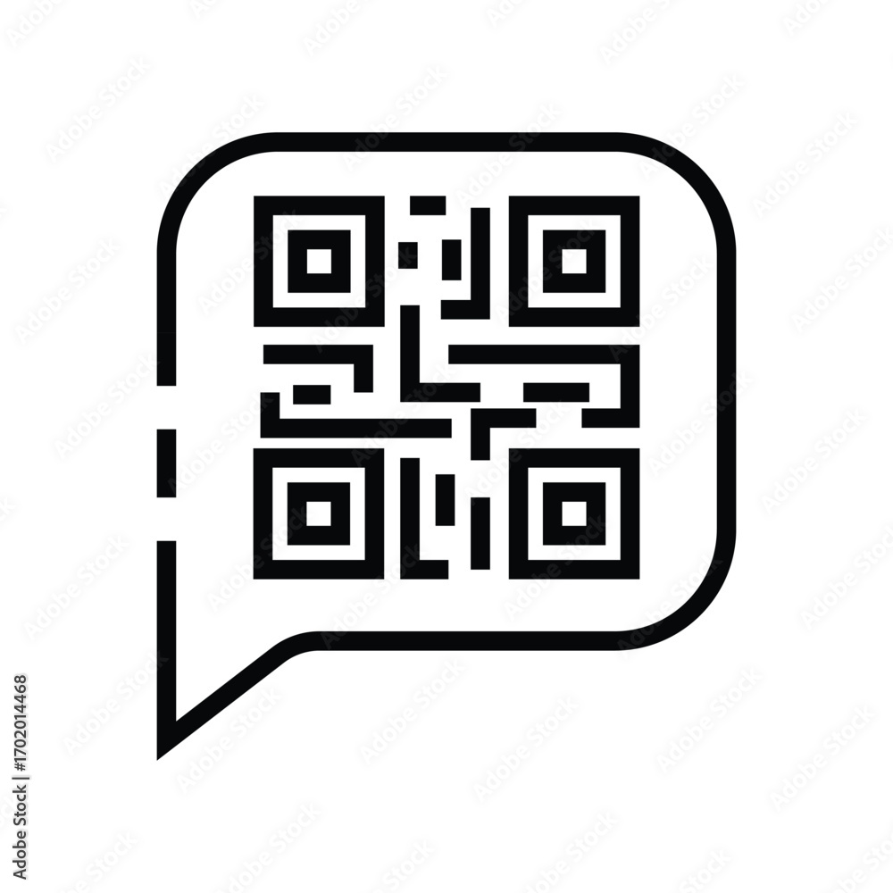 Poster black qr code in a talk bubble outlined in black. editable stroke icon