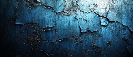 Deep blue textured wall with heavily cracked and peeling paint, showing underlying dark surface and variations in tone and shade