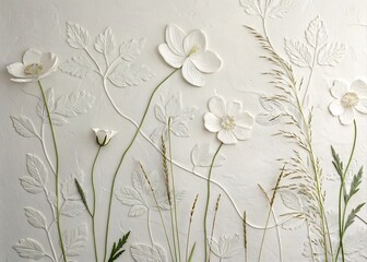 Chalk White Plaster Wall With Faint Embossed Anemone Petals