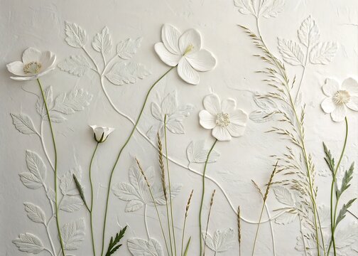 Chalk White Plaster Wall With Faint Embossed Anemone Petals