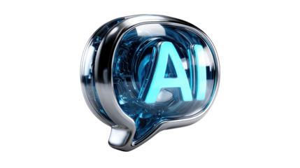 AI Chat Bubble Icon: An elegant, modern icon featuring the letters AI displayed within a futuristic, clear chat bubble. This conceptual imagery evokes technology. 
