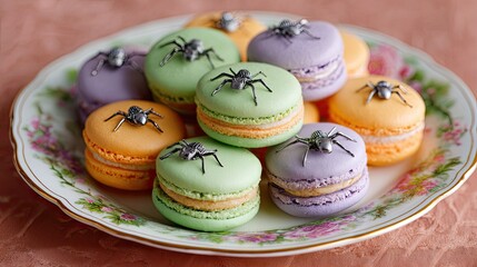 Colorful Macarons with Spider Decoration for Halloween Celebration