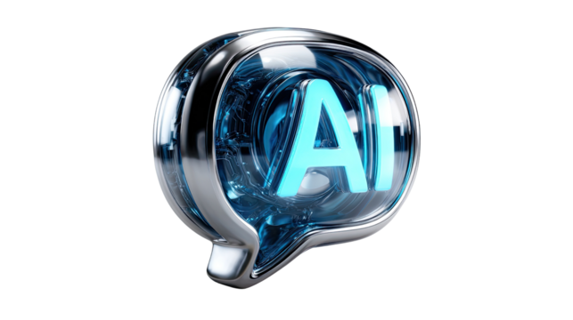 AI Chat Bubble Icon: An elegant, modern icon featuring the letters AI displayed within a futuristic, clear chat bubble. This conceptual imagery evokes technology. 