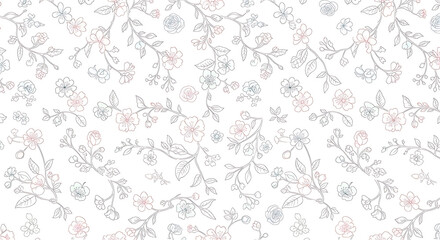 Delicate floral pattern, pastel blossoms and branches, repeating design, minimalist style.