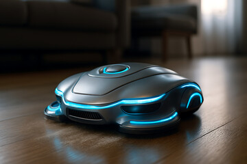 High-Tech Robotic Vacuum with Blue LED Lights on Hardwood Floor