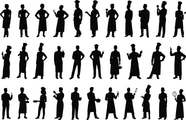 Silhouettes of chefs and cooks in various poses with kitchen utensils, professional cooking, culinary team, kitchen staff, chef lifestyle