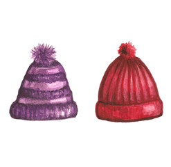 Two knitted hats in vibrant colors sit side by side, one in shades of purple with stripes and the other in a solid red, perfect for keeping warm during winter activities.