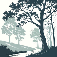 Vector art of a tranquil monochrome landscape features a silhouette of trees on a hill, with a winding path leading through the scene, creating a peaceful and natural atmosphere