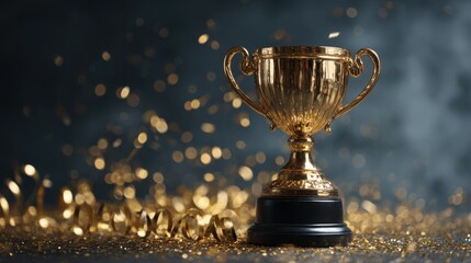 Gold Trophy with Confetti Showcasing Achievement, Excellence, and Victory in a Dark, Elegant Setting